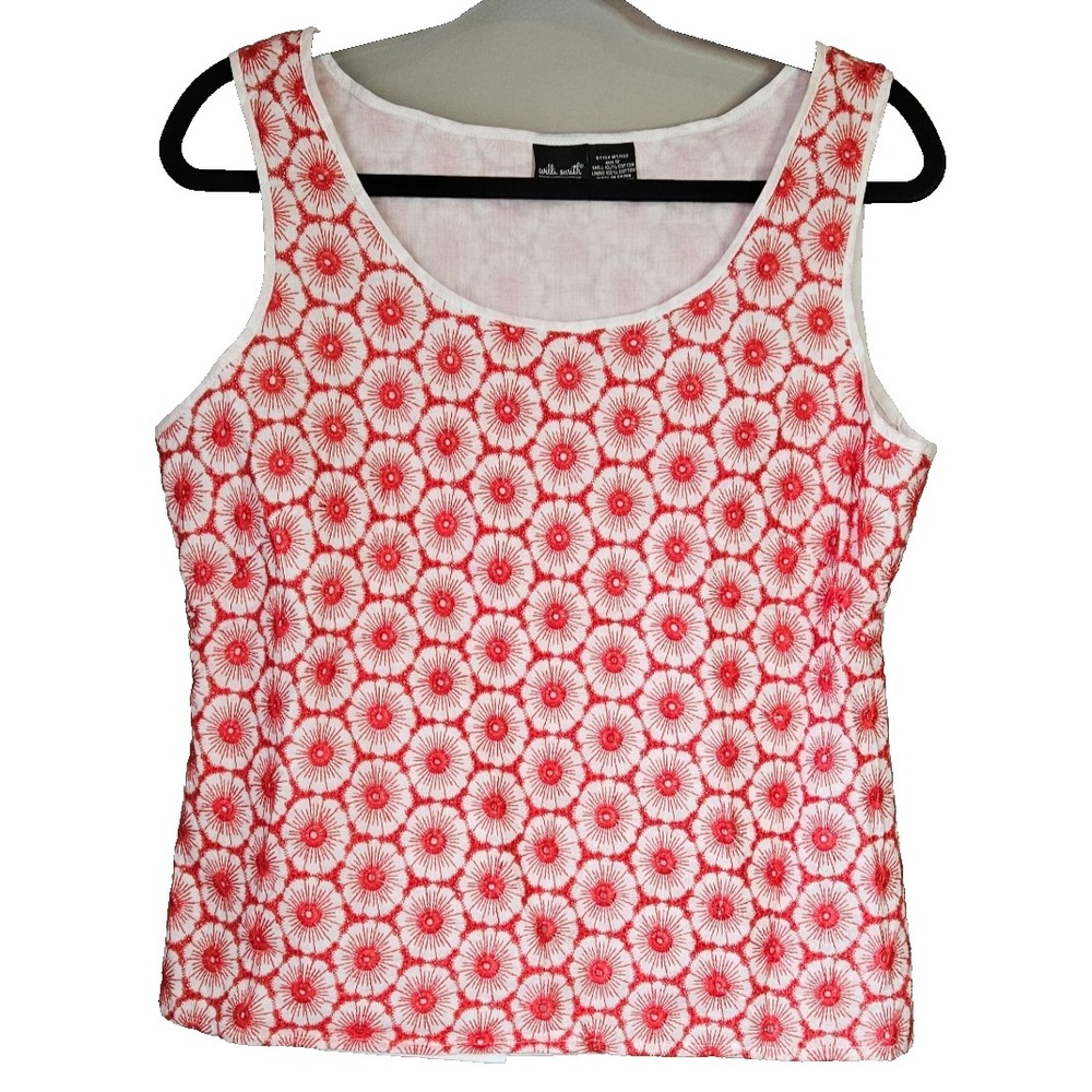Willi Smith Embroidered Floral Tank Top Size 12 White Red Cotton Lined Side Zip